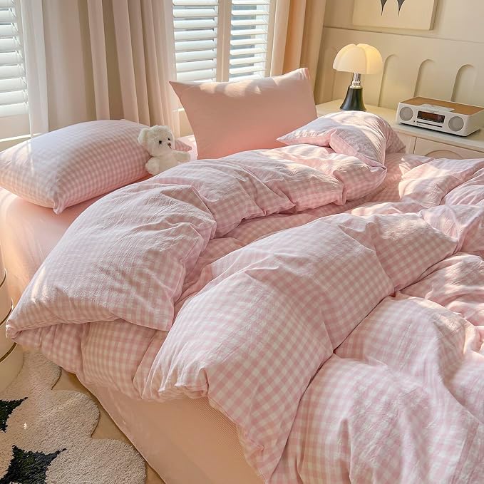 mixinni Light Pink Gingham Duvet Cover Set Twin XL Size by mixinni