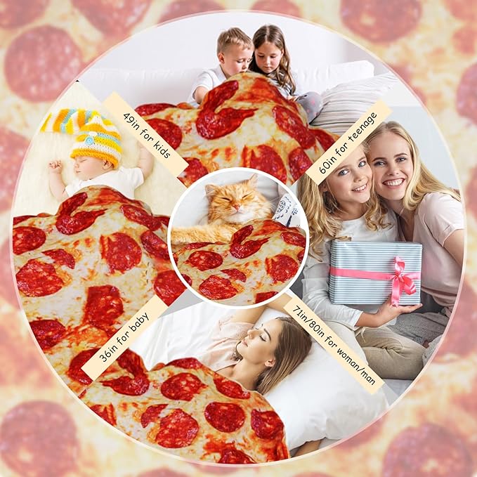 Lhedon Pizza Blanket Adult Size, Blankets Queen Size, 80 Inches Round Pepperoni Pizza Food Blanket, Funny Gift for Women Men, Flannel Blanket for Bed Office Travel