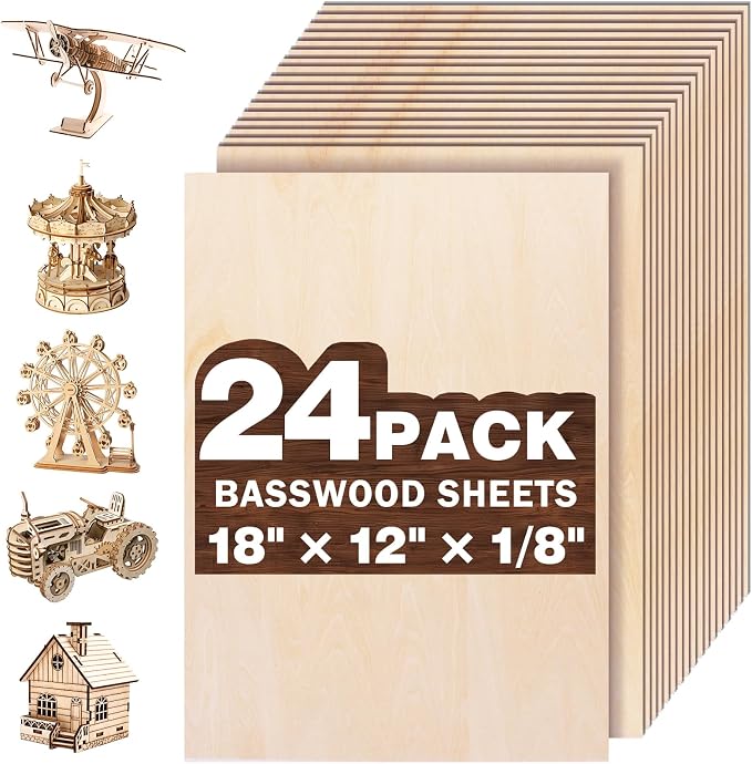 24 Pack Basswood Sheets for Crafts, Wood Burning, Architectural Models by MITINU