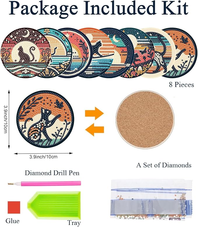 8PCS Diamond Art Coasters Kit, Cat Diamond Painting Coasters - Image 2