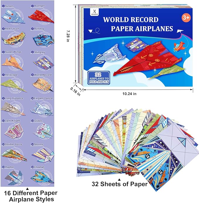 Paper Airplane Kits with 16 Classic Designs, 32 Sheets of Colorful Origami Paper - Image 7