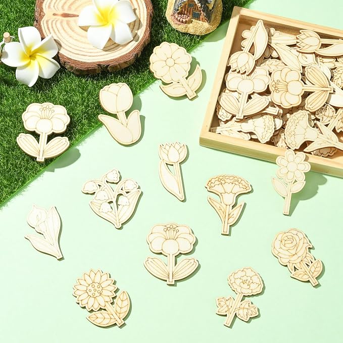 100 pcs Mixed Styles Cute Flower Theme Unfinished Wooden Cutout Charms - Image 6