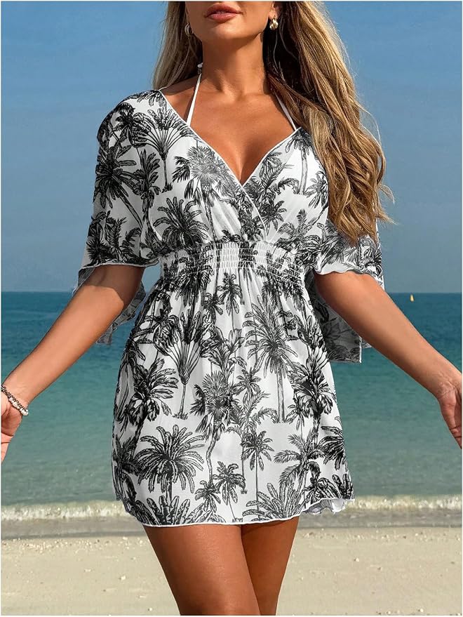 WDIRARA Women's Tie Dye Sheer Boho Chiffon Cover Up Tie Waist Beach Dress Deep - Image 3