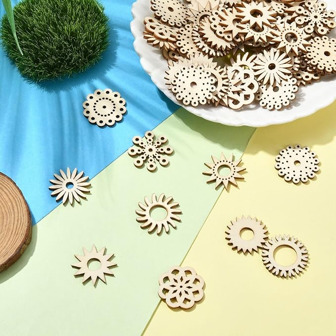 200 pcs Mixed Styles Sunflower Theme Unfinished Wood Cutout Charms Daisy Flower - Image 6