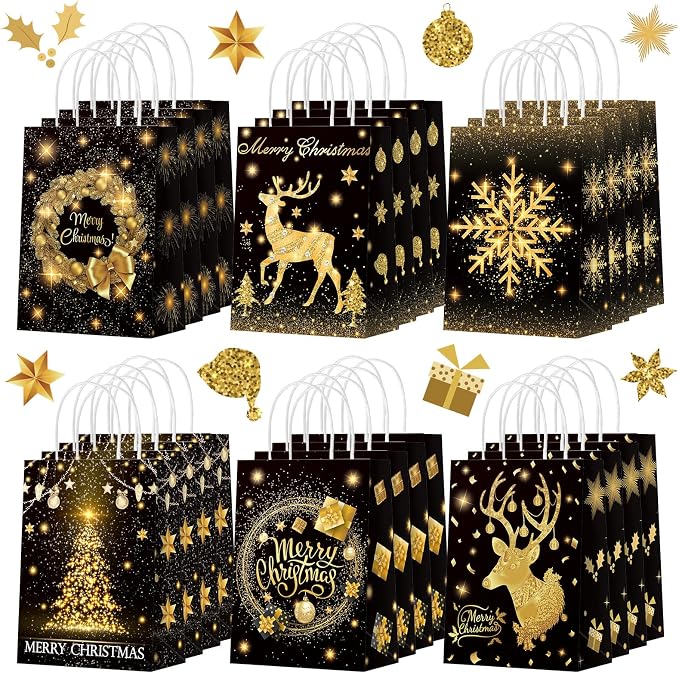 Kolldenn 24 Pcs Christmas Party Favors Bags Black and Gold Christmas Goodie by Unknown