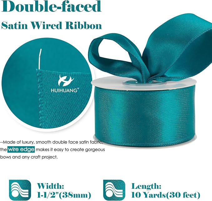 HUIHUANG Peacock Blue Wired Ribbon 1-1/2 inch Teal Satin Wire Ribbon - Image 2