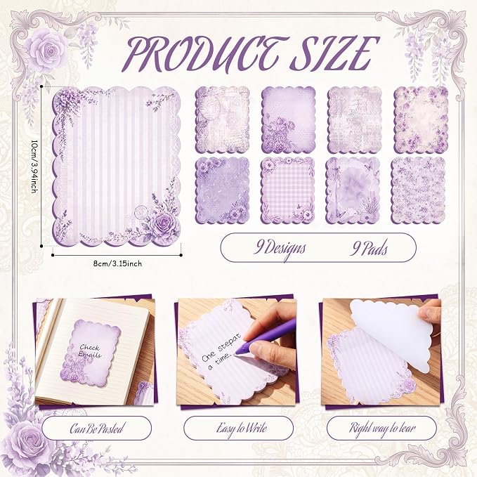 Gersoniel 9 Pcs Vintage Scalloped Sticky Notes, Aesthetic Purple Sticky Notes - Image 6