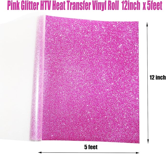 Pink Glitter Heat Transfer Vinyl Rolls Pink HTV Vinyl Iron 12inch x 5feet Iron - Image 4