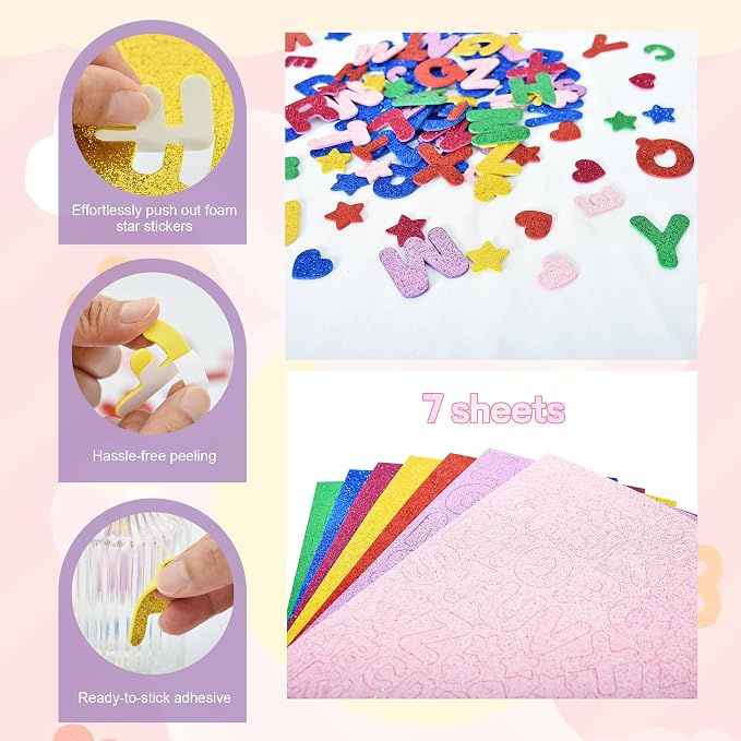 BEISHIDA 448 Pcs Glitter Foam Letter Stickers ，Letter 1.5inch 1inch Heart Stars - Image 5