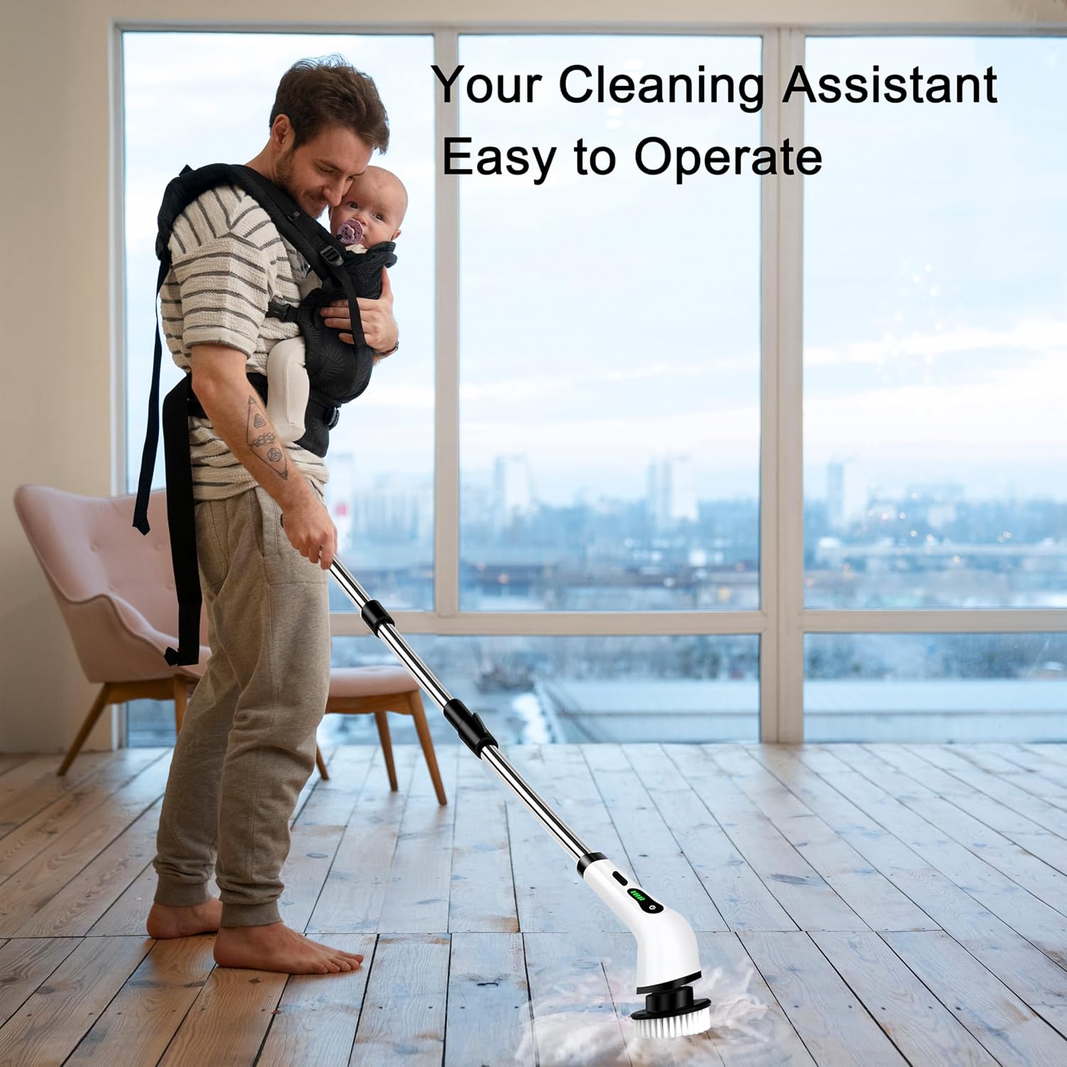 Electric Spin Scrubber, Cordless Cleaning Brush with 9 Attachment Shower and Grout Cleaner, Adjustable Extension Handle, IPX7 Waterproof for Tile Floor Tub Car (White)