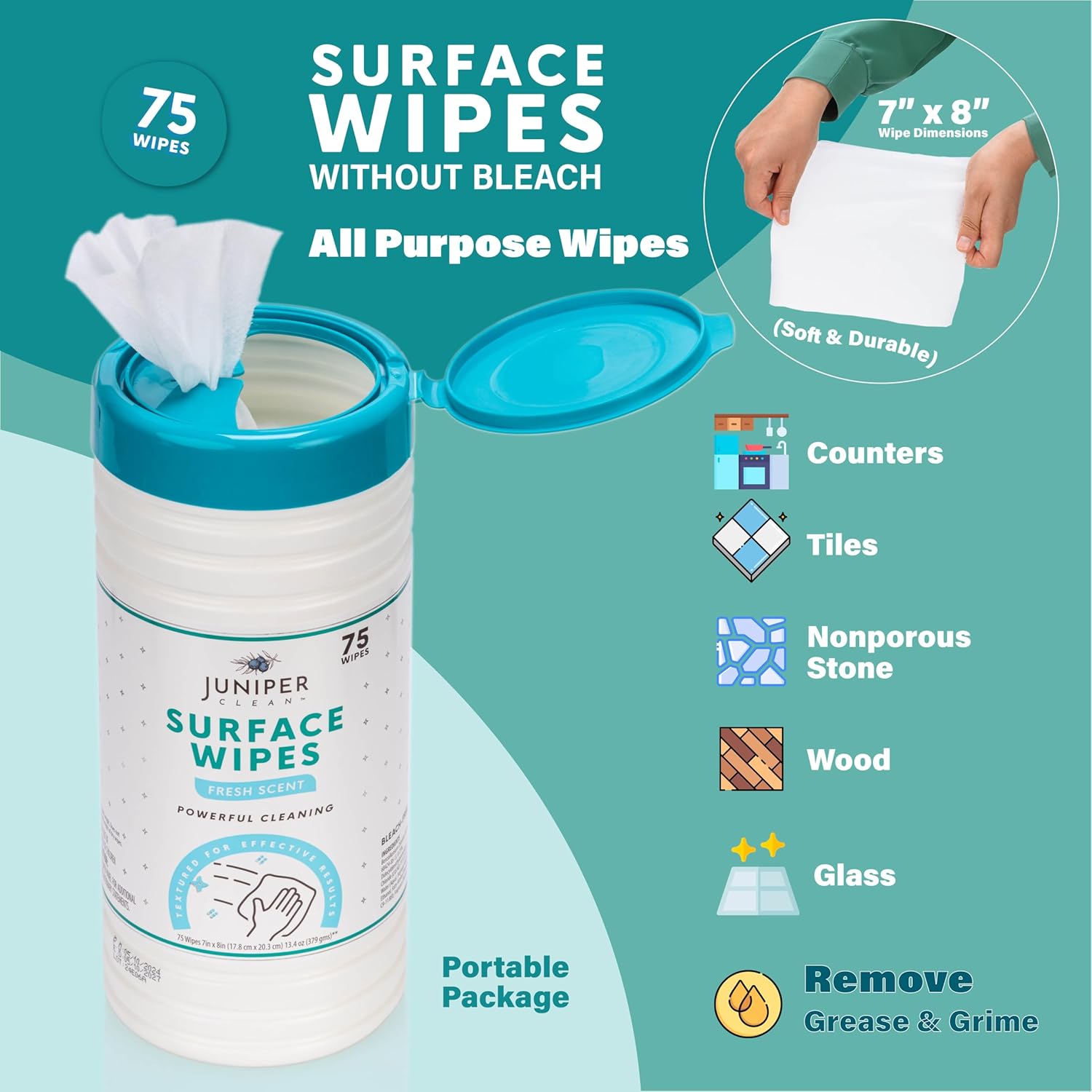 1 Pack Surface Cleaning Wipes Bleach Free, All-Purpose Cleaner for Bathroom, Kitchen, Office, 75 Count Canister, 7.5" x 7" Sheet, Fresh Scent, Lint Free & Durable