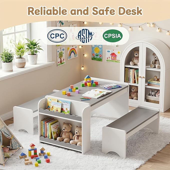 Kids Table and Bench Set, Montessori Kids Table and Chair Set, Indoor Wooden - Image 2