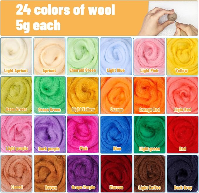 JUPEAN Needle Felting Kit, 24 Colors Wool Roving, Complete Needle Felting - Image 3