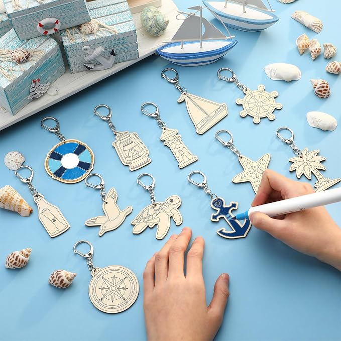 RattanView 24 Pcs Nautical Craft Color Your Own Keychains DIY Craft Wooden - Image 4