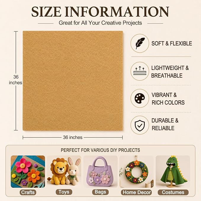 Tan Large Felt Fabric 36" x 36", 1.4 mm Soft Felt Sheet, Nonwoven Fabric - Image 3