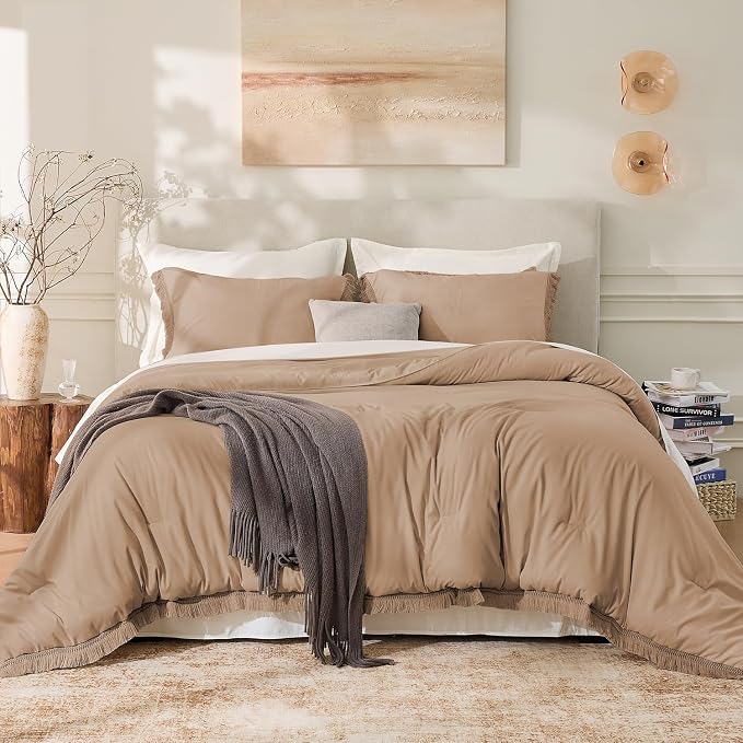 Andency Taupe Comforter Set Queen, 3 Pieces Boho Tassel Lightweight Bedding - Image 2