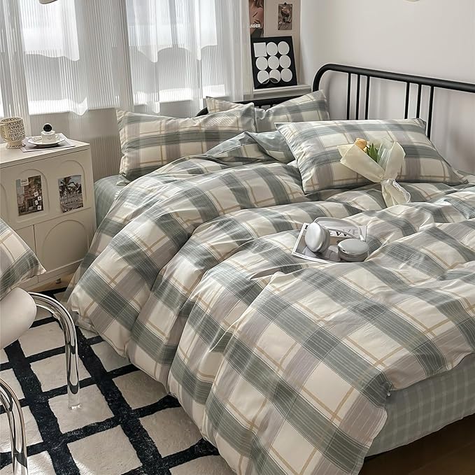 mixinni Green Grid Duvet Cover Set Queen by mixinni