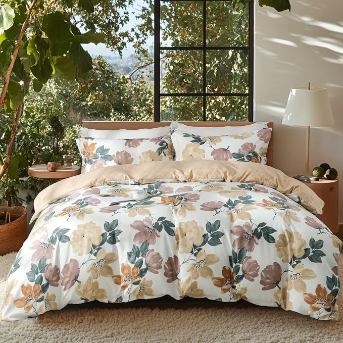 OAITE Duvet Cover Queen Size, Reversible Blooming Flower Orange Duvet Cover Set by OAITE