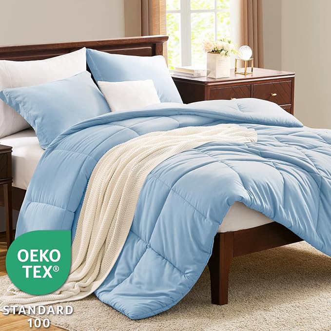 CozyLux Oversized Queen Comforter Set, 3 Pieces Baby Blue 98x98 Box Stitched - Image 3