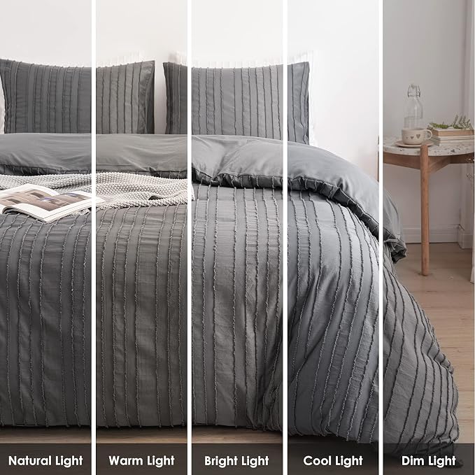 WARMDERN Gray Boho Duvet Cover Set Queen Size, Striped Textured Duvet Cover - Image 7