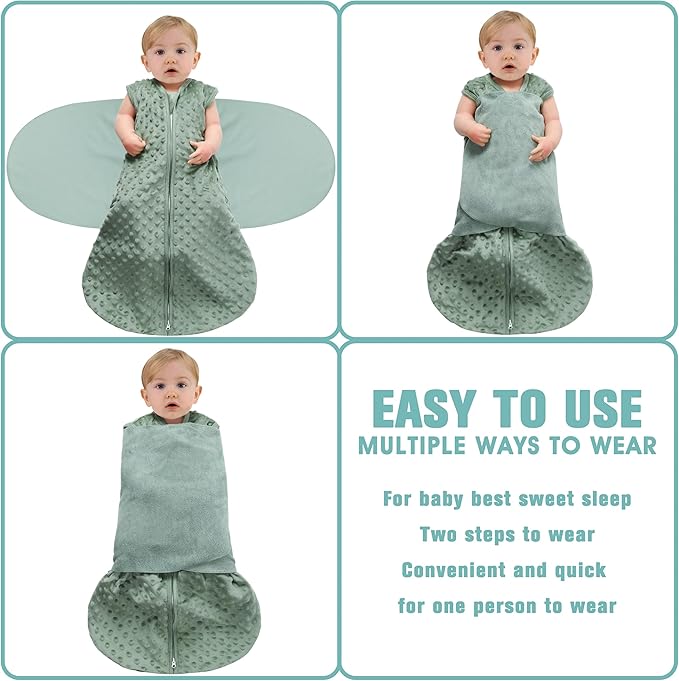 Fleece Newborn Sleep Sack Baby Swaddle,3-Way Adjustable Wearable Blanket,2 Pack Fleece Swaddling Sleeping Bag TOG 2.0， (Blue&Green, 0-3 Months)