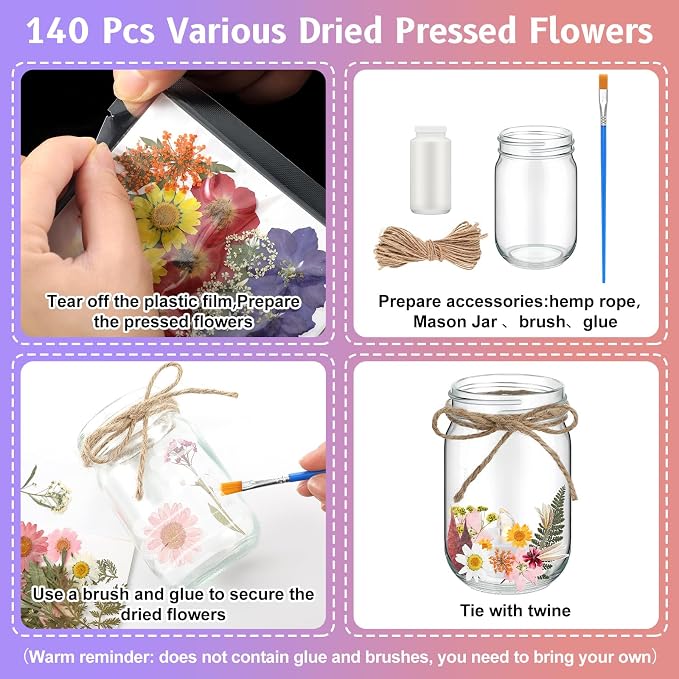 Tinideya 154 Pcs DIY Pressed Flowers Mason Jar Set Pressed Flower Lanterns 12 - Image 3