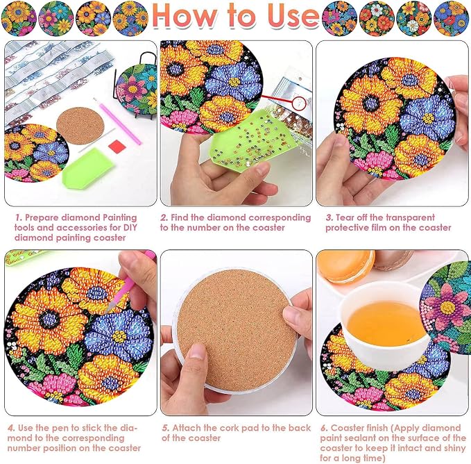 ijbnhd 8 Pcs Flowers Diamond Art Coasters - Image 6