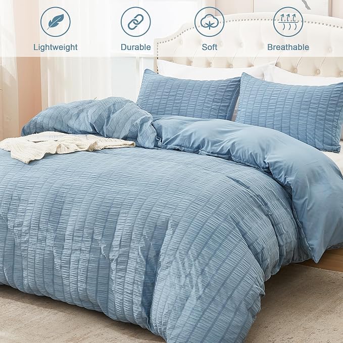 AveLom Grayish Blue Duvet Cover Full, 3 Pieces, Seersucker Tripe Soft Washed - Image 2
