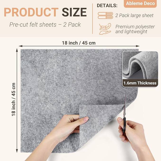 Felt Fabric Sheets 18" x 18" 1.6mm Soft Craft Felt, Heather Grey | Soft Precut - Image 2