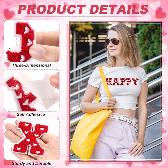 WILLBOND 52 Pcs Valentine's Day Heart Self Adhesive Chenille Letters Patches - Image 4
