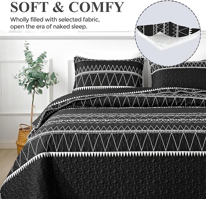 Andency Black Oversized King Quilt Set, 3 Pieces Boho Lightweight Soft Striped - Image 3