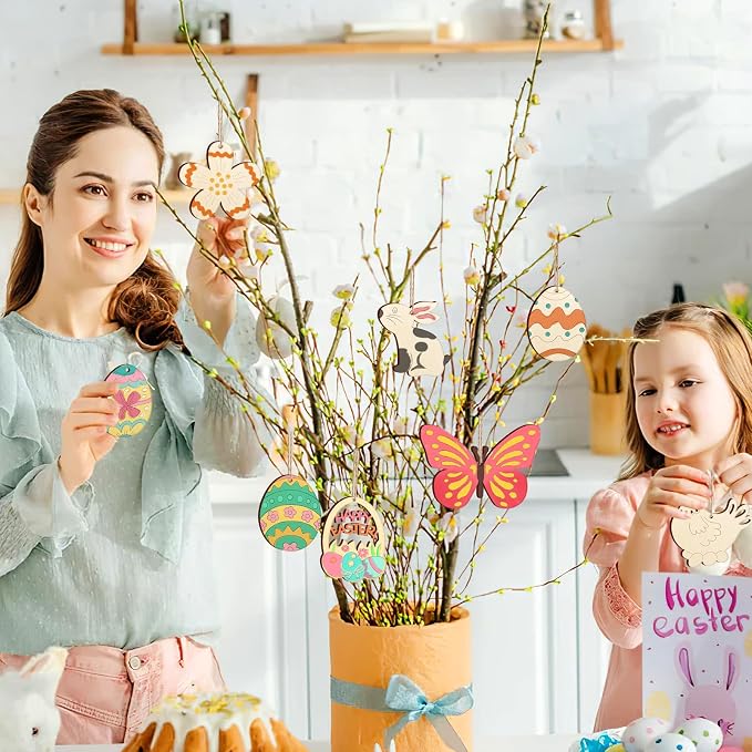 80PCS Wooden Easter Ornaments to Paint, 8 Styles DIY Blank Unfinished Wood - Image 2