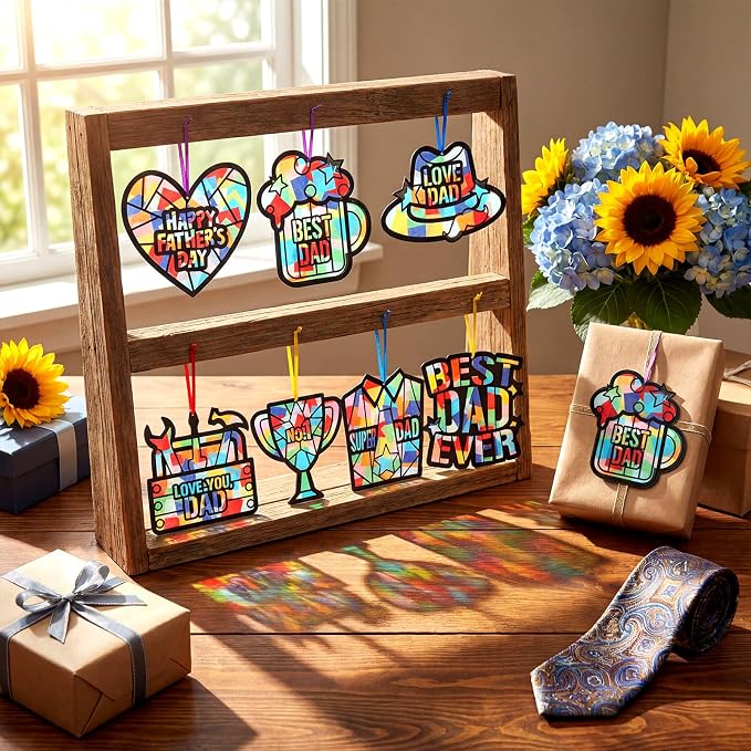 Eersida 32 Pcs Fathers Day Suncatchers Paper Craft Set DIY Flower Shaped - Image 8