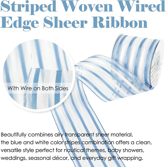 HUIHUANG Blue White Stripe Sheer Ribbon 2.5 inch Light Blue Wire Edged Ribbon - Image 5