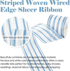HUIHUANG Blue White Stripe Sheer Ribbon 2.5 inch Light Blue Wire Edged Ribbon - Image 5