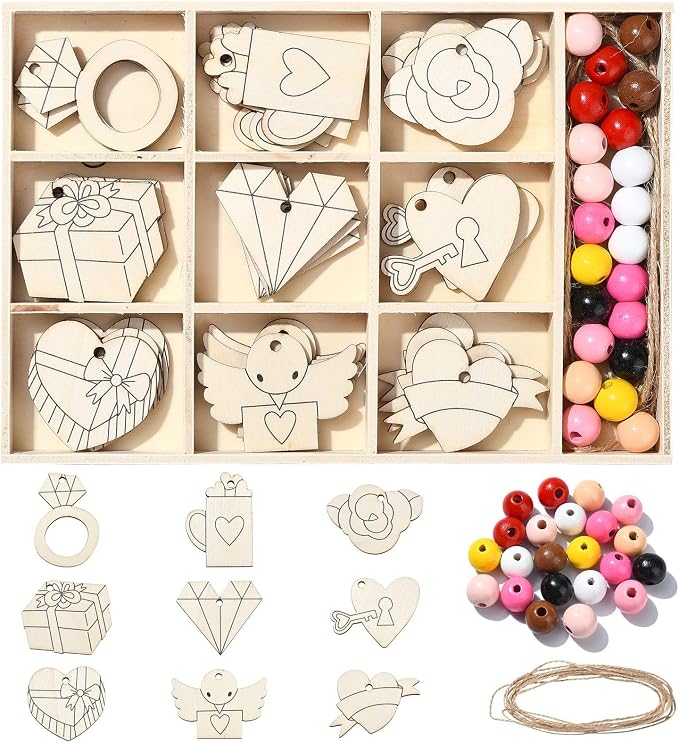 54 pcs Mixed Styles Wedding Theme Unfinished Wooden Cutout Charms Ring Heart by Gythara