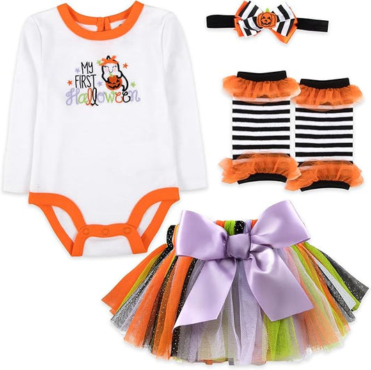 Baby Girl Holiday Outfit 4-Piece Set – Long Sleeve Bodysuit, Pants, Tutu Skirt & Headband – Halloween, Thanksgiving