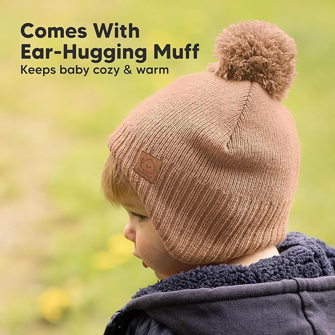 Baby Beanies, Baby Hats for Boys, Girls - Cute Toddler Winter Hat, Soft & Stretchy Beanies for Infant, Newborn 6-36 months, Cozy & Warm with Earflap Muff & Pom (Dune)