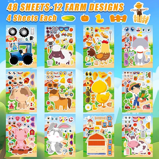 48 Sheets Create Funny Farm Animals Stickers, Make a Face Stickers - Image 3