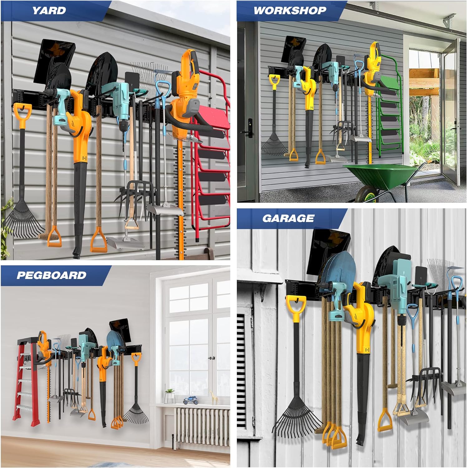 Garage Tool Storage Rack, Heavy Duty Garage Storage Organizer Rack System Wall Mounted Tool with 6 double hooks, 2 rails, Garden Yard Tools Hanger Rack for Ski Gears, Broom, Rake,Shovel
