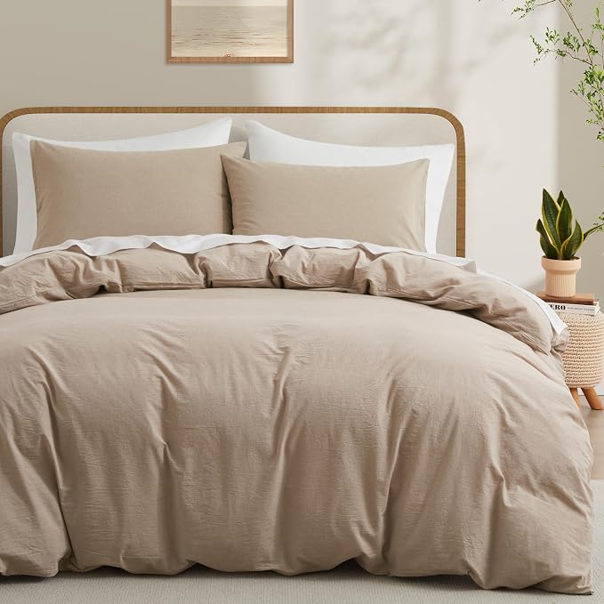 100% Washed Cotton Duvet Cover Set, Linen Like Natural Bedding Set by LOVQUE