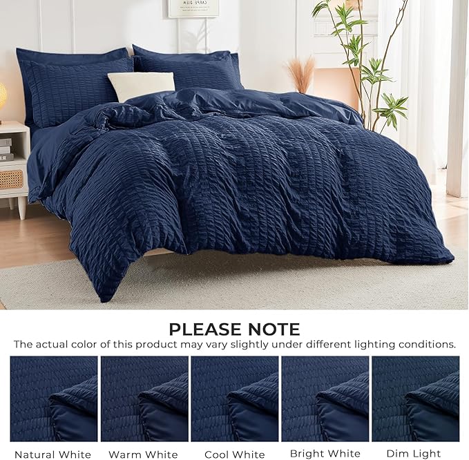 HYMOKEGE Navy Blue Queen Comforter Set Seersucker 7 Pieces, All Season Luxury - Image 4