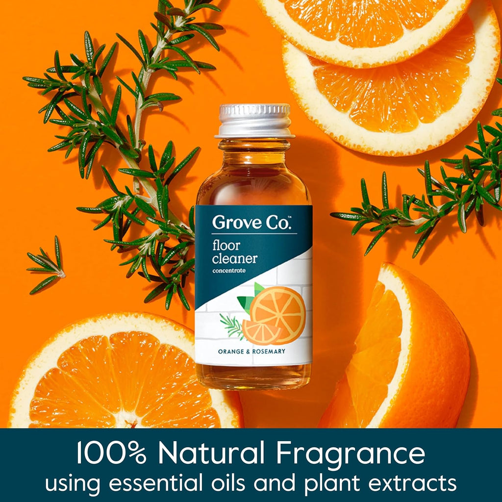 Grove Co. Floor Cleaner Refill Concentrate (2 x 1 Oz) + 1 x Durable Glass Spray Bottle (16 Oz) Plant-Based Cleaning Supplies Bundle, No Plastic Waste, 100% Natural Orange & Rosemary Scent
