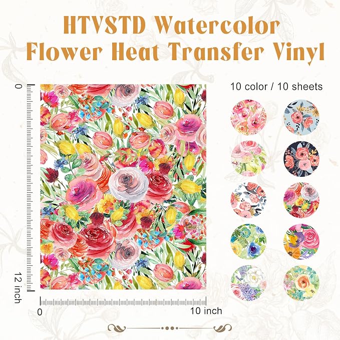 HTVSTD Floral HTV Heat Transfer Vinyl 10 Sheets 12×10in Iron on Vinyl | Flower - Image 2