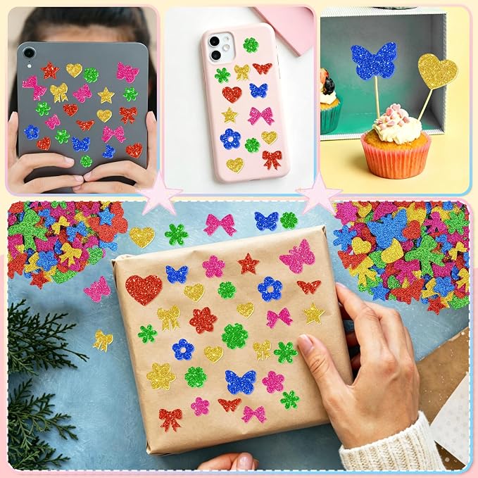 500Pcs Foam Stickers Glitter Colorful Flower Butterfly Bow Shapes Stickers - Image 4
