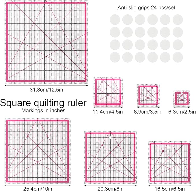Quilting Rulers, 7 Pack Pink Square Acrylic Sewing Ruler Set, Precision Inch - Image 6