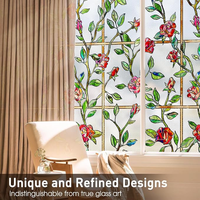 Coavas Window Privacy Film Stained Glass Window Clings 3D Red Rose Decorative - Image 9