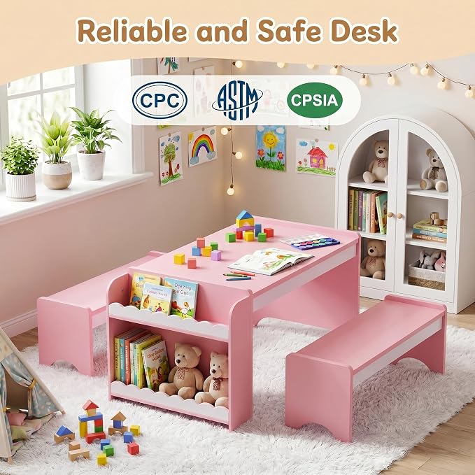 Kids Table and Bench Set, Montessori Kids Table and Chair Set, Indoor Wooden - Image 2