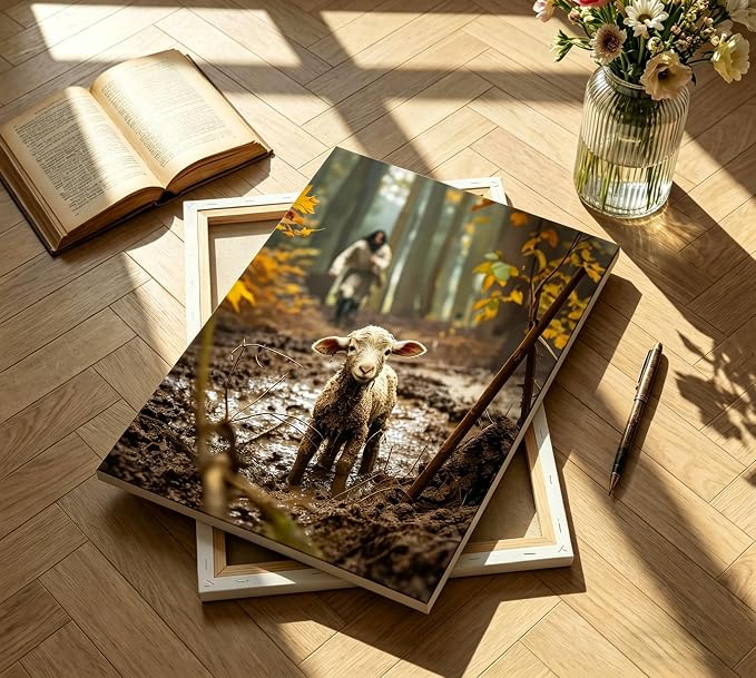 Framed Jesus Running After Lost Lamb Canvas Wall Art - Image 3