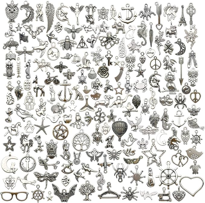 Youdiyla 200 Mixed Charms Collection, Antique Silver Tone, Charms Metal Pendant by Youdiyla